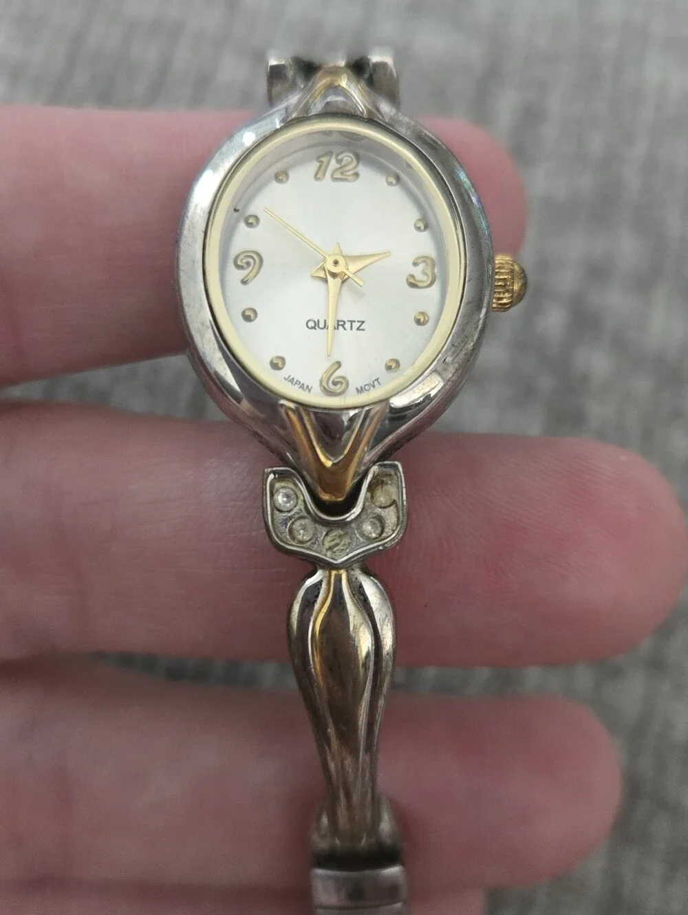 Quartz Japan MOVT Women's Silver Gold Two Tone Oval Rhinestone Accent